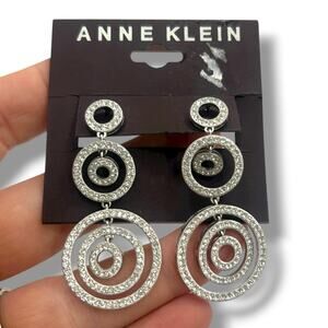 NEW Anne Klein Silver Drop Earrings Pave Round Circle Hoops Fancy Cocktail Long